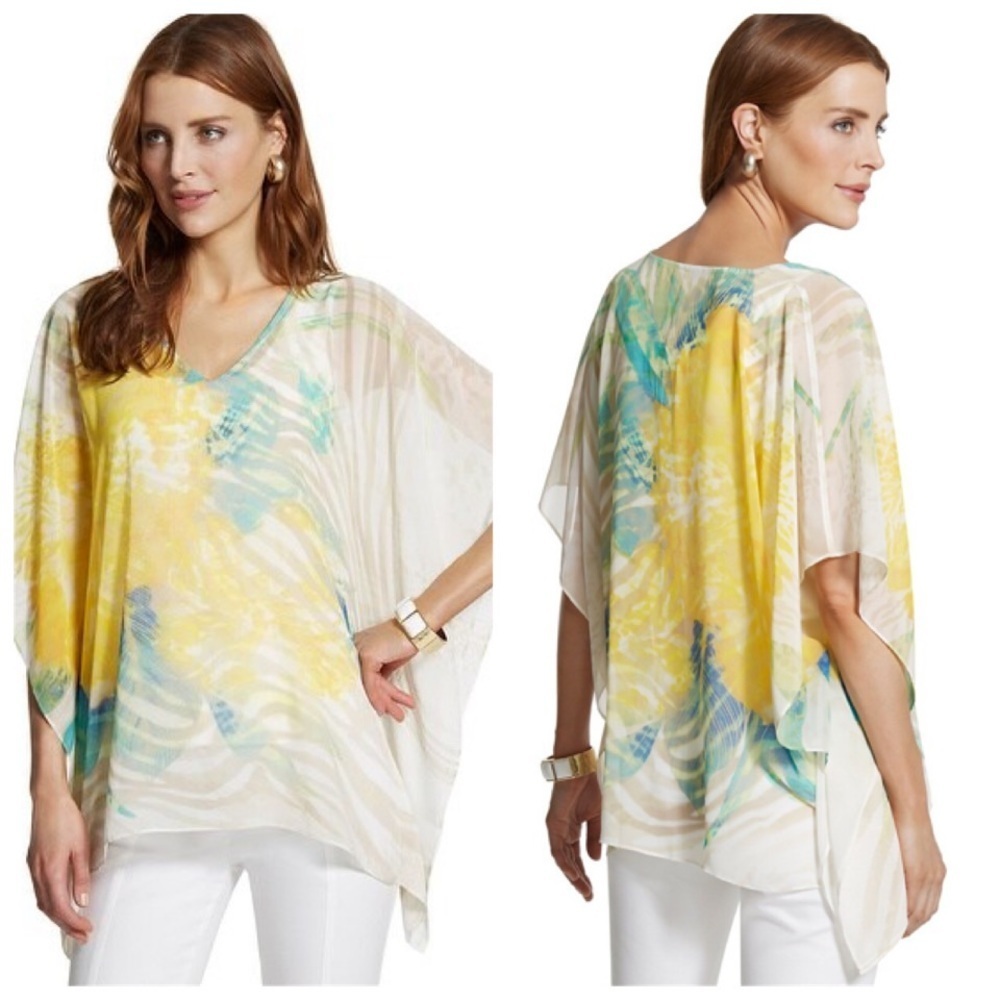 Chico’s Paula Floral Poncho #570139445 Size‎ Small/Medium Green Yellow Tropical